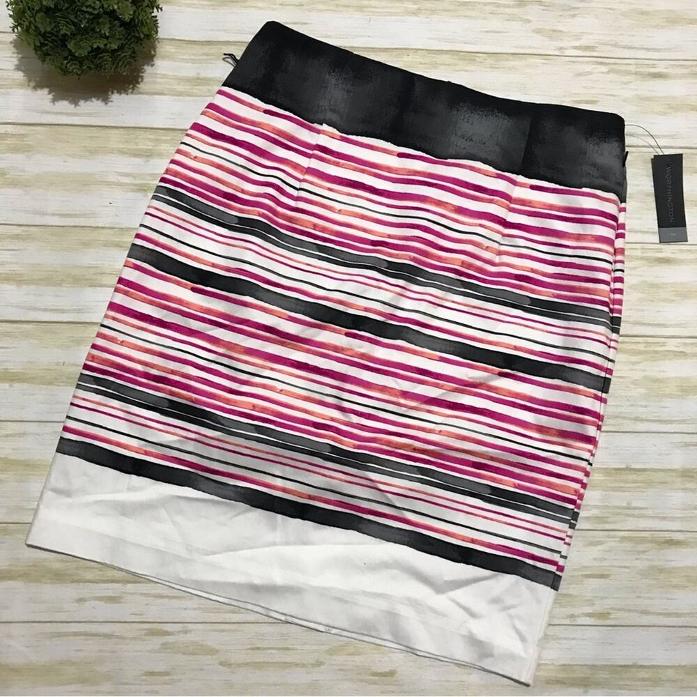 Worthington NWTPink Orange Coral Stripe Long Modest Classic Pencil Skirt Size 14